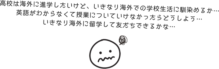 高校は海外に進学したいけど、いきなり海外での学校生活に馴染めるか…英語がわからなくて授業についていけなかったらどうしよう…いきなり海外に留学して友だちできるかな…