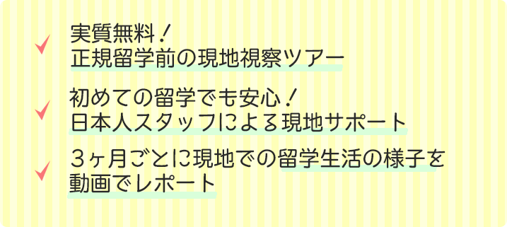 実質無料！正規留学前の現地視察ツアー／初めての留学でも安心！日本人スタッフによる現地サポート／3ヶ月ごとに現地での留学生活の様子を動画でレポート